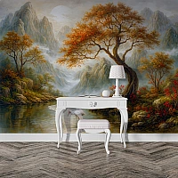 Classic Mountain Lake Wall Mural – Autumn Tree Landscape Design