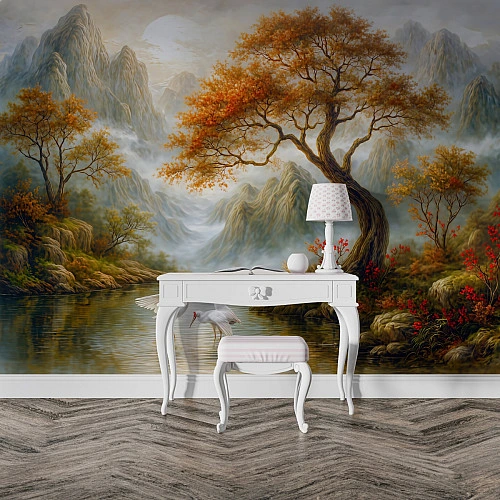 Classic Mountain Lake Wall Mural – Autumn Tree Landscape Design