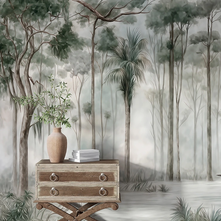 Soft Misty Forest Wall Mural – Minimal Botanical Nature Landscape Soft Misty Forest Wall Mural – Minimal Botanical Nature Landscape