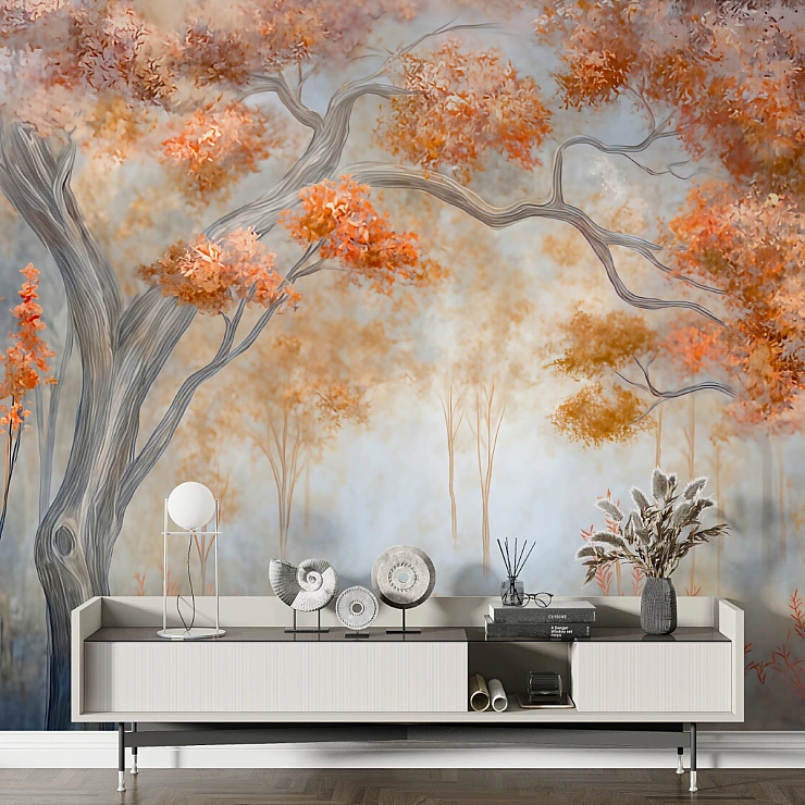 Artistic Autumn Tree Wall Mural – Soft Mist Nature Landscape Design