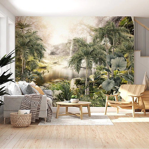 Tropical Jungle Lagoon Wall Mural – Lush Palm Paradise Wallpaper for Living Room