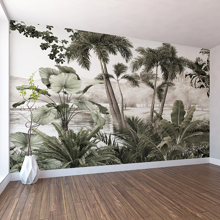 Vintage Tropical Lake Wall Mural – Soft Palm Botanical Landscape Vintage Tropical Lake Wall Mural – Soft Palm Botanical Landscape