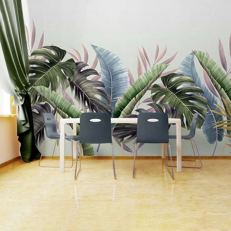 Modern Tropical Leaves Wall Mural – Soft Pastel Botanical Design