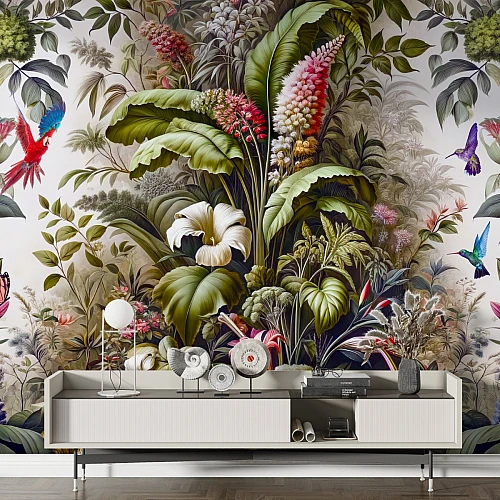 Tropical Botanical Paradise Wall Mural – Exotic Jungle Floral Wallpaper for Living Room