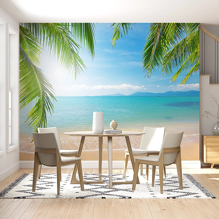 Tropical Palm Beach Wall Mural – Calm Ocean Coastal Design