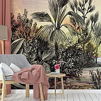 Vintage Tropical Engraving Wall Mural – Artistic Botanical Sketch Wallpaper for Modern Interiors