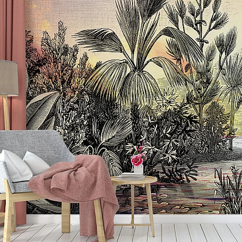 Vintage Tropical Engraving Wall Mural – Artistic Botanical Sketch Wallpaper for Modern Interiors