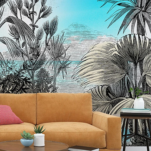 Modern Tropical Sketch Wall Mural – Black Line Botanical Design