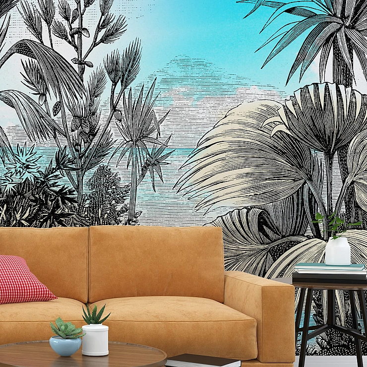 Modern Tropical Sketch Wall Mural – Black Line Botanical Design
