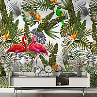 Tropical Flamingo Jungle Wall Mural – Exotic Botanical Bird Design