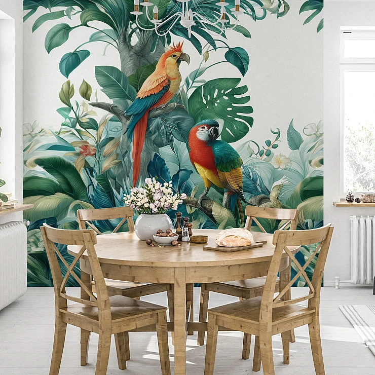 Tropical Parrot Wall Mural – Botanical Bird Jungle Design