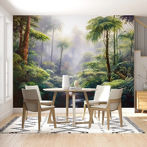 Misty Tropical Jungle Wall Mural – Lush Forest Light Landscape
