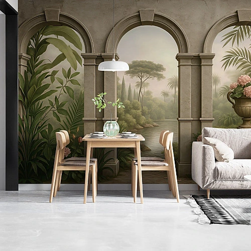 Classical Arch Garden Wall Mural – Elegant Botanical Landscape Design