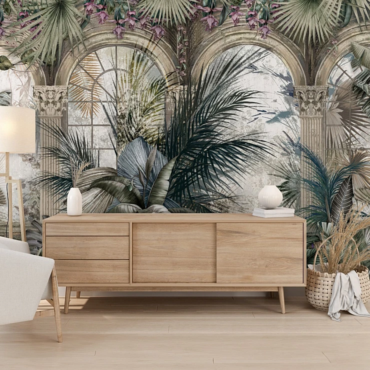 Tropical Arch Garden Wall Mural – Vintage Botanical Luxury Design