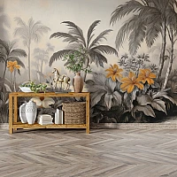 Vintage Tropical Floral Wall Mural – Sepia Jungle Botanical Design