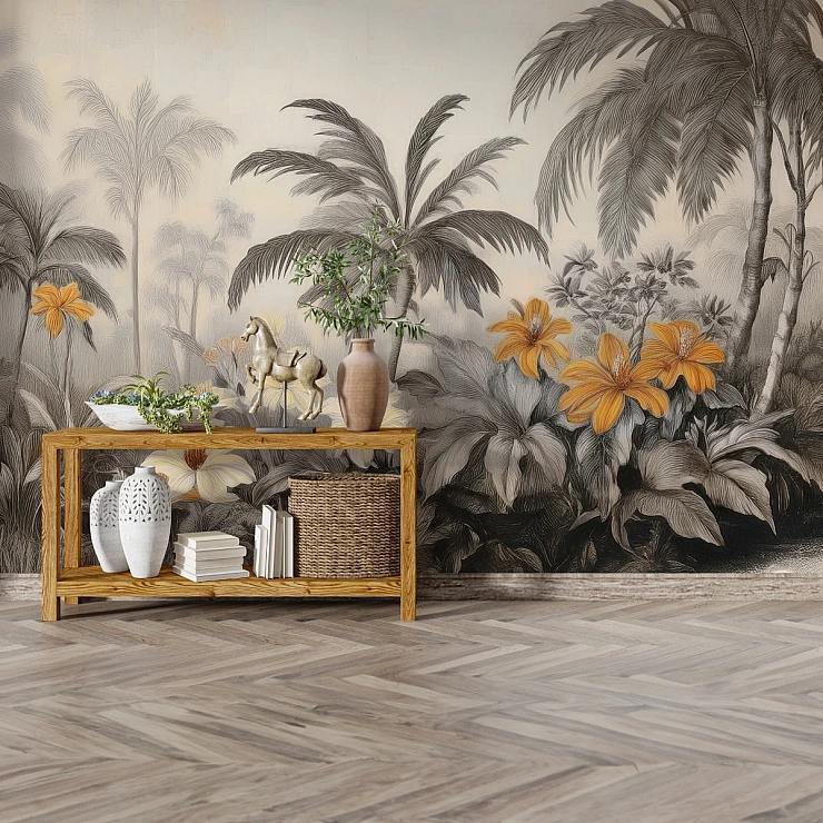 Vintage Tropical Floral Wall Mural – Sepia Jungle Botanical Design Vintage Tropical Floral Wall Mural – Sepia Jungle Botanical Design