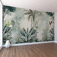 Vintage Jungle Wall Mural – Tropical Forest Birds Botanical Design