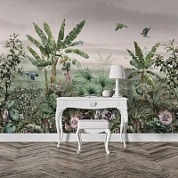 Soft Tropical Garden Wall Mural – Misty Botanical Jungle Design