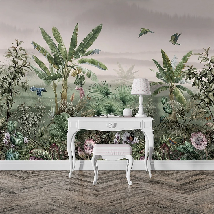 Soft Tropical Garden Wall Mural – Misty Botanical Jungle Design