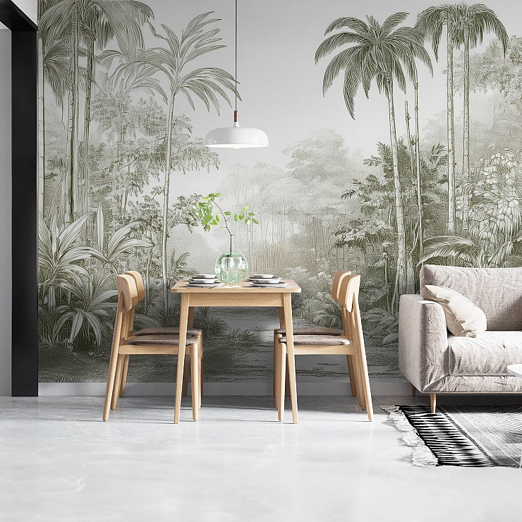 Monochrome Tropical Jungle Wall Mural – Elegant Palm Line Art Design