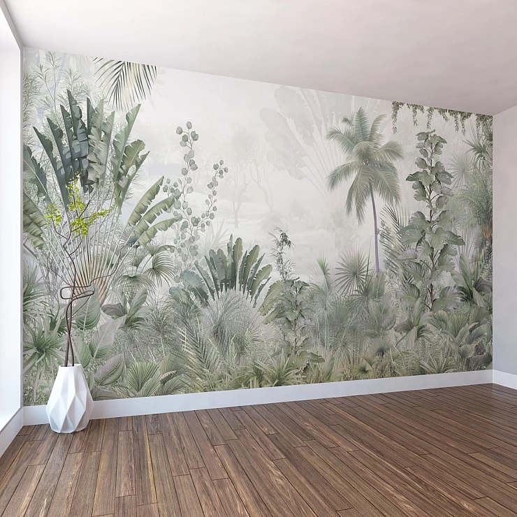 Soft Tropical Jungle Wall Mural – Green Botanical Nature Design Soft Tropical Jungle Wall Mural – Green Botanical Nature Design