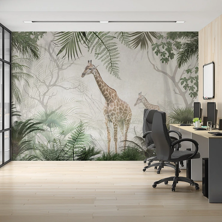 Giraffe Jungle Wall Mural – Soft Botanical Safari Design Giraffe Jungle Wall Mural – Soft Botanical Safari Design