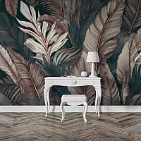Dark Tropical Leaves Wall Mural – Elegant Brown Botanical Design