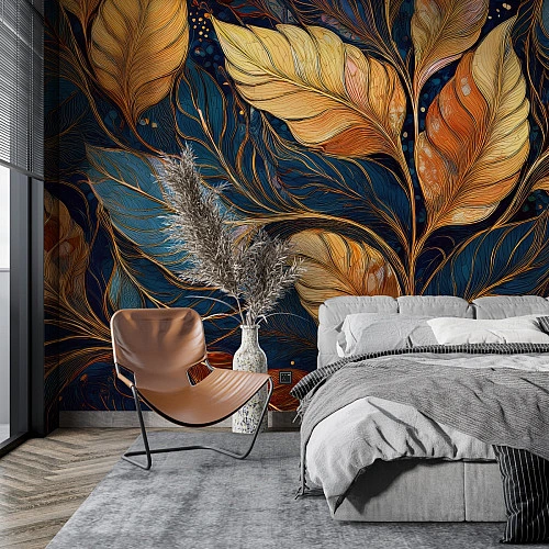 Luxury Gold Leaf Wall Mural – Dark Blue Botanical Art Design