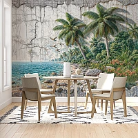 Vintage Coastal Palm Wall Mural – Textured Ocean Landscape Design