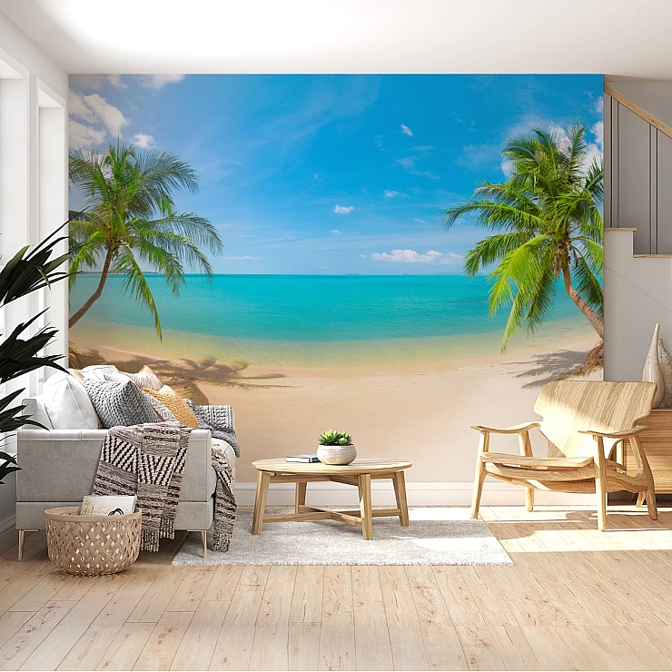 Sunny Tropical Beach Wall Mural – Palm Tree Ocean Relax Design Sunny Tropical Beach Wall Mural – Palm Tree Ocean Relax Design