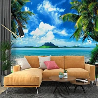Tropical Beach View Wall Mural – Palm Tree Ocean Paradise Design