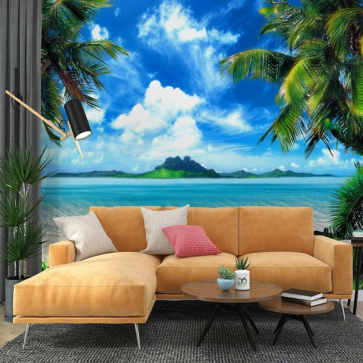 Tropical Beach View Wall Mural – Palm Tree Ocean Paradise Design