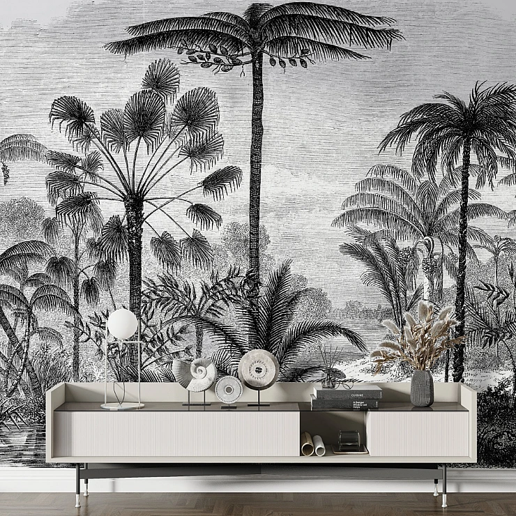 Vintage Palm Jungle Wall Mural – Black White Tropical Line Art Vintage Palm Jungle Wall Mural – Black White Tropical Line Art
