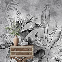 Monochrome Tropical Leaves Wall Mural – Elegant Grey Botanical Design