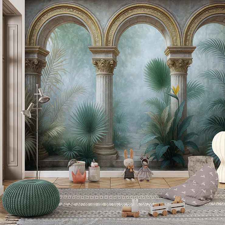 Tropical Arch Columns Wall Mural – Elegant Botanical Classic Design