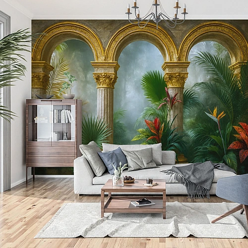 Luxury Tropical Arch Wall Mural – Golden Classic Garden Wallpaper for Living Room