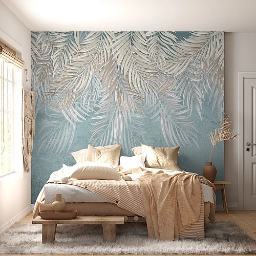 Elegant Palm Leaf Wall Mural – Soft Blue Botanical Relief Design