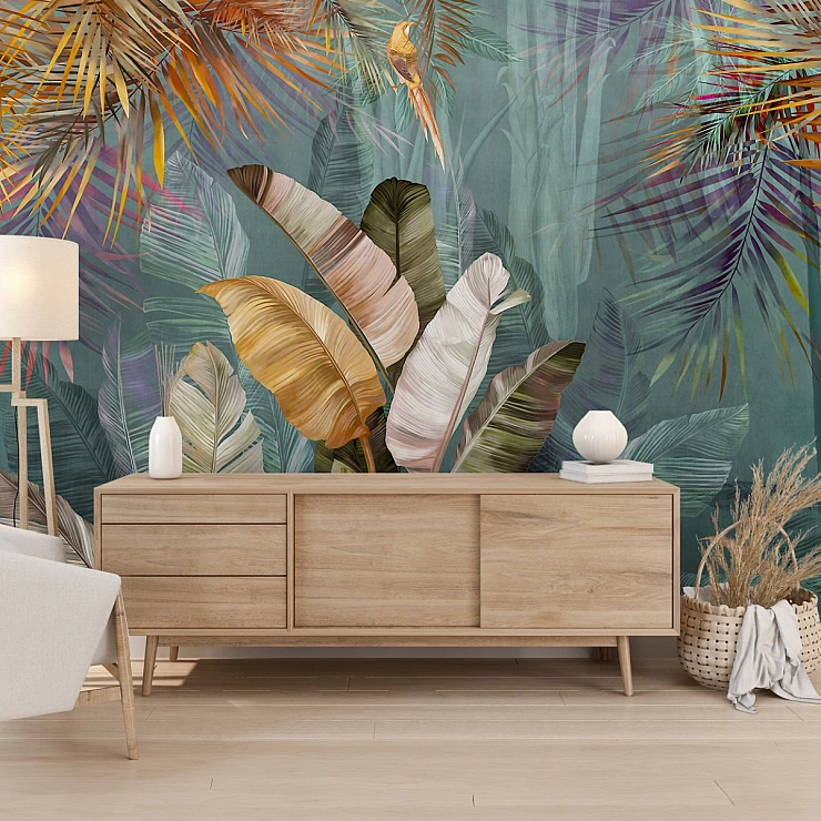 Colorful Tropical Leaves Wall Mural – Modern Botanical Jungle Design
