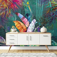 Tropical Colorful Leaves Wall Mural – Vibrant Exotic Jungle Wallpaper for Modern Interiors