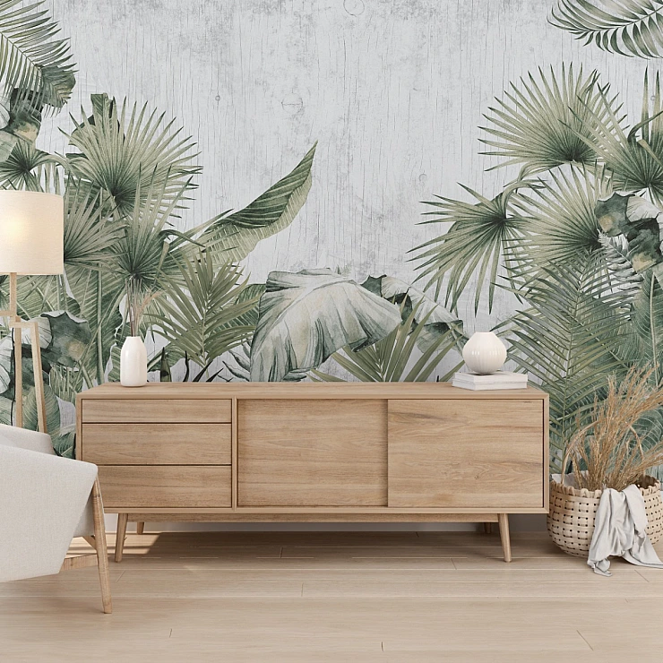 Soft Green Tropical Leaves Wall Mural – Minimal Botanical Design Soft Green Tropical Leaves Wall Mural – Minimal Botanical Design