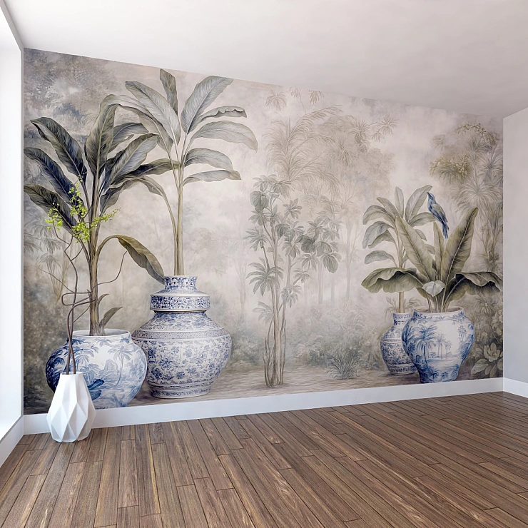 Vintage Blue Porcelain Vase Wall Mural – Elegant Botanical Design