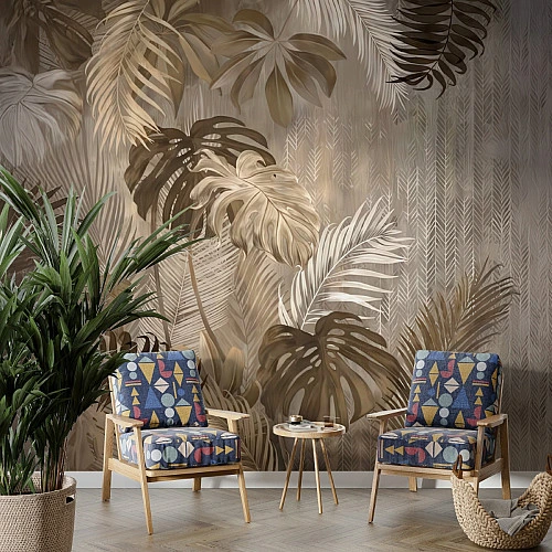Neutral Tropical Leaves Wall Mural – Beige Botanical Pattern Design