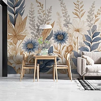 Soft Neutral Floral Wall Mural – Elegant Blue Beige Botanical Design