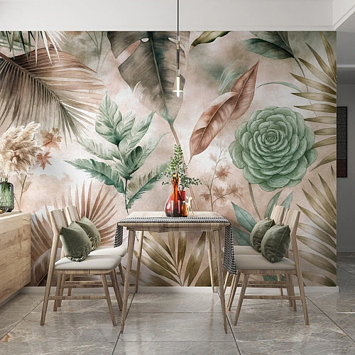 Soft Botanical Leaves Wall Mural – Neutral Tropical Garden Design