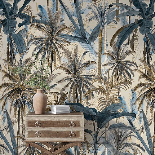 Vintage Tropical Palm Wall Mural – Blue Beige Botanical Pattern