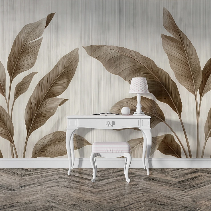 Neutral Tropical Leaves Wall Mural – Elegant Beige Botanical Design