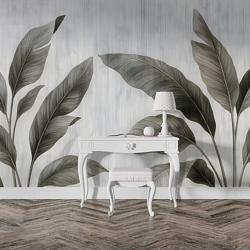 Elegant Grey Leaf Wall Mural – Minimal Botanical Design