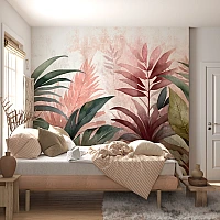 Blush Tropical Leaf Wall Mural – Soft Pink Green Botanical Design