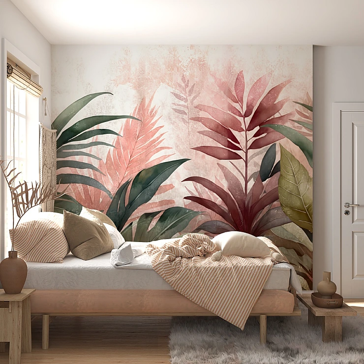 Blush Tropical Leaf Wall Mural – Soft Pink Green Botanical Design