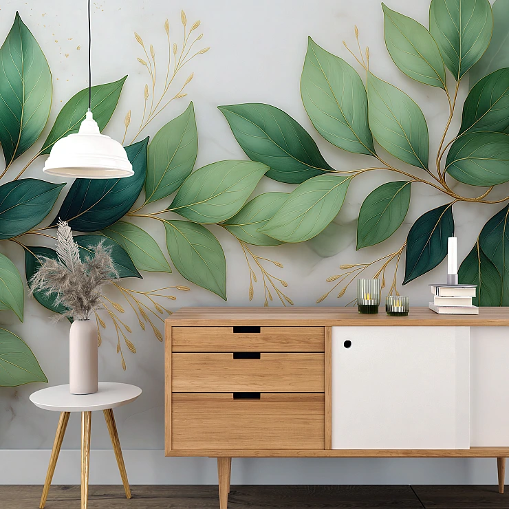 Green Leaf Wall Mural – Modern Botanical Gold Accent Design